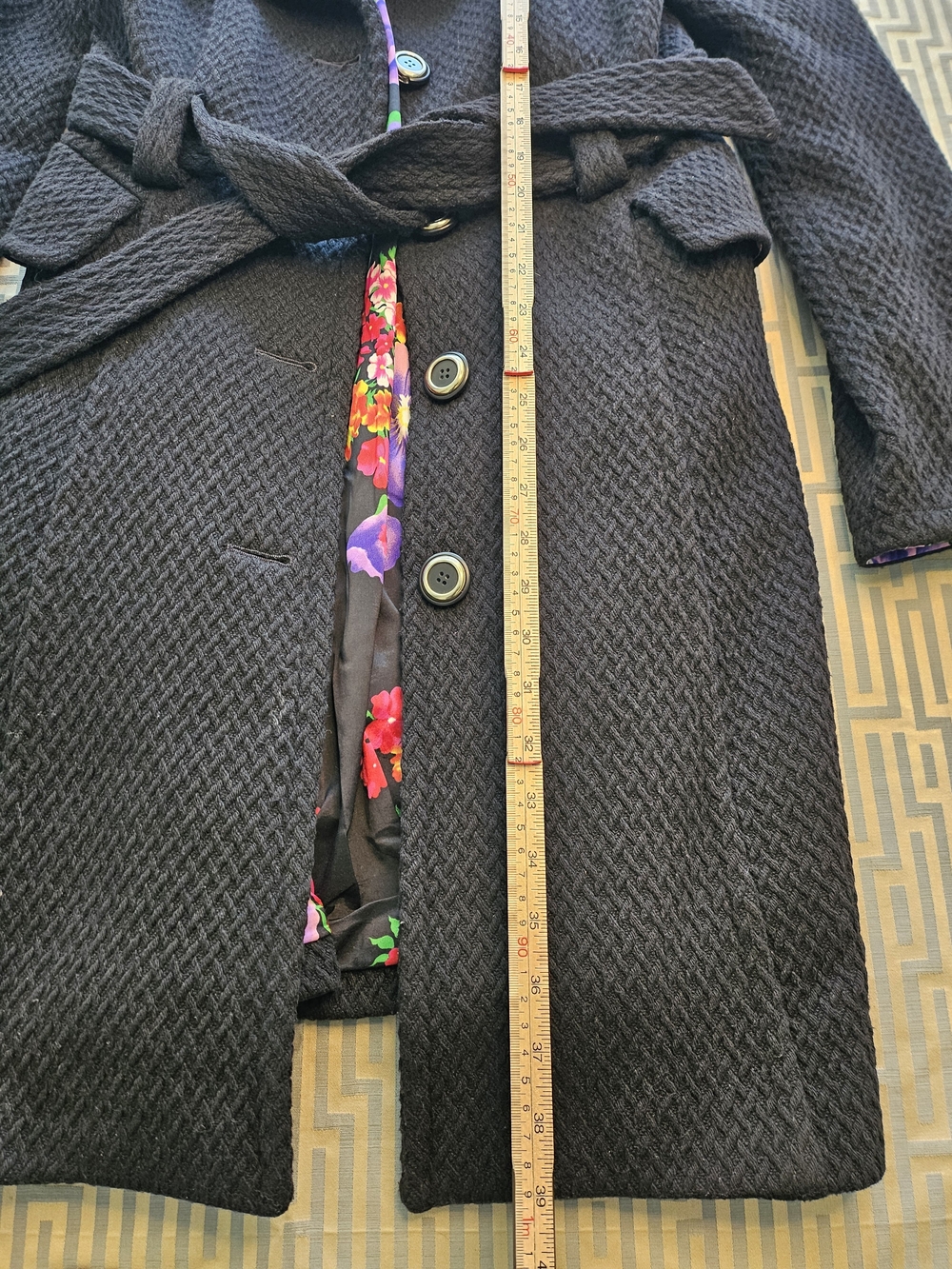 Vintage D&G Dolce & Gabbana Black Textured Wool Blend Belted Coat Floral IT 42 - Picture 4 of 8